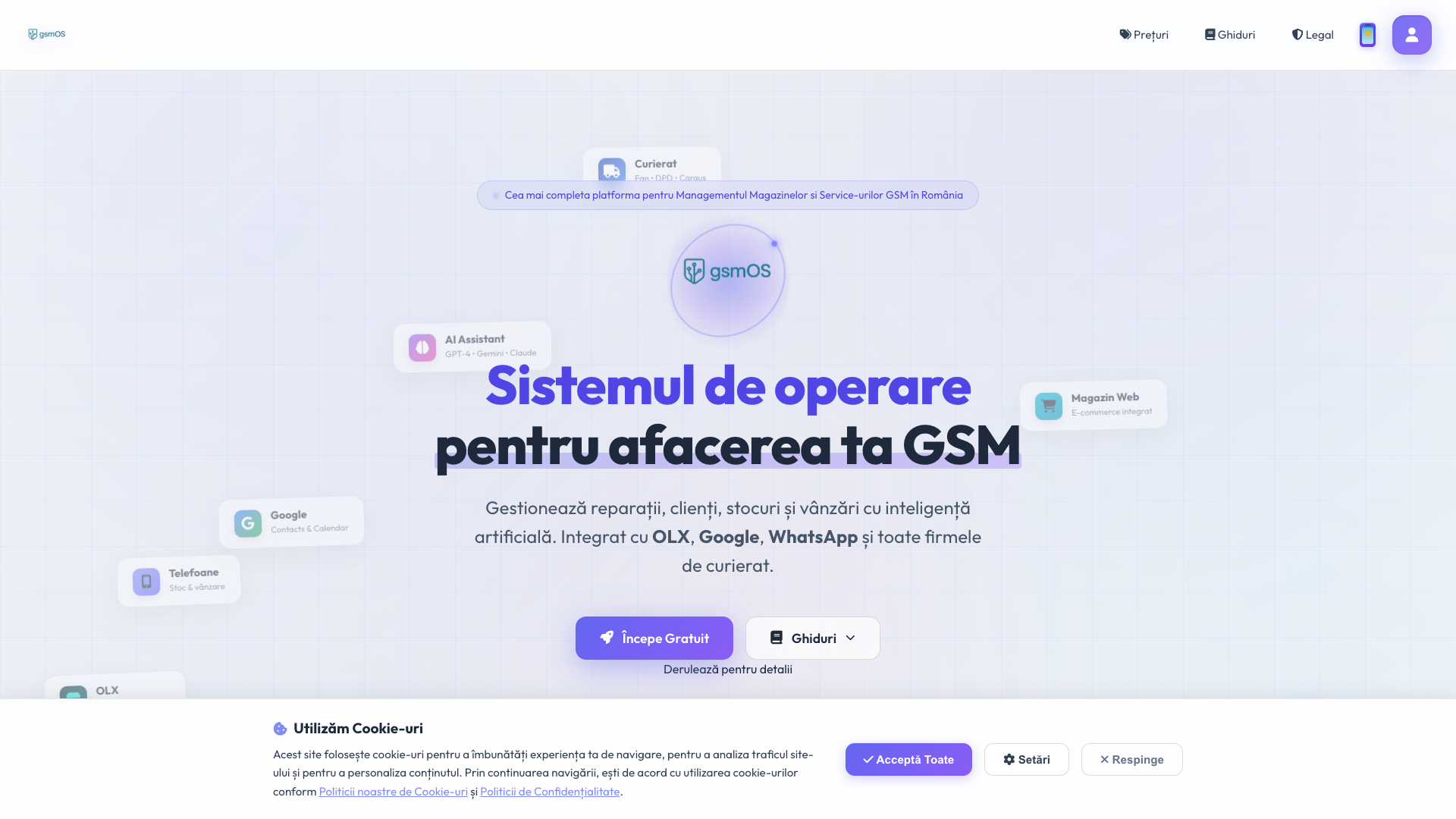 Captură ecran GSM OS — site live