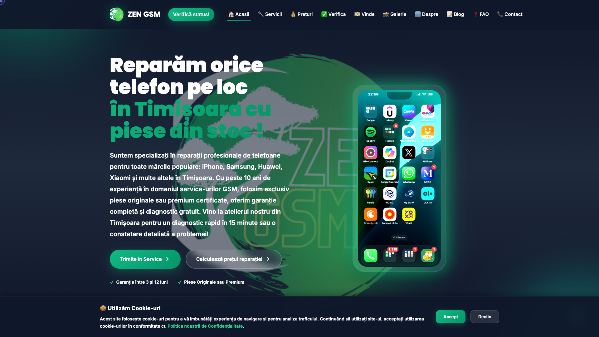 Captură ecran Zen GSM — site live